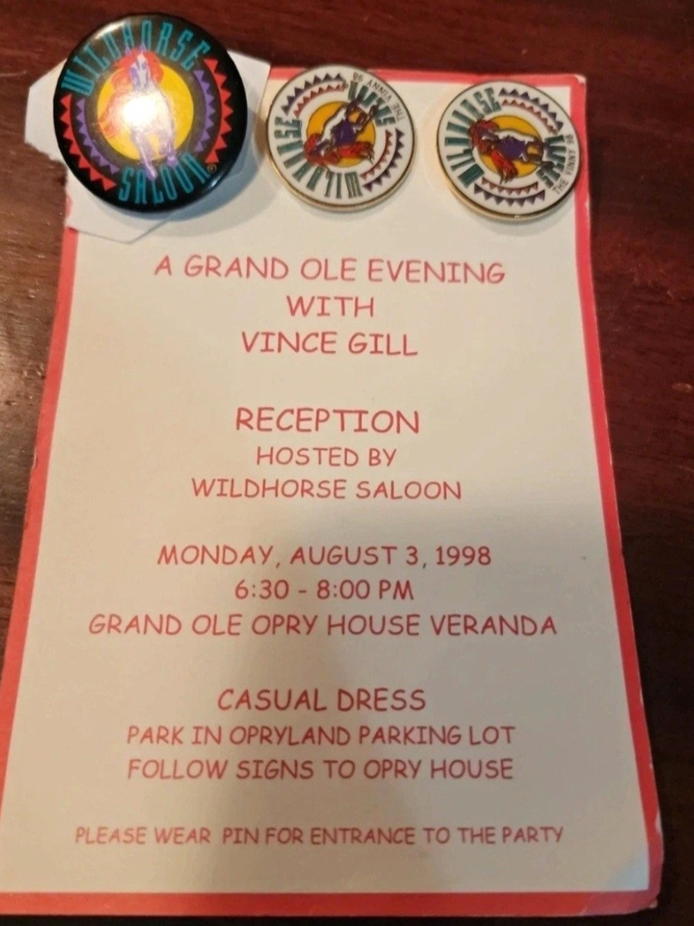 Vintage 1998 Vince Gill "The Vinny" Wildhorse Saloon Premium Invitation Pin Lot